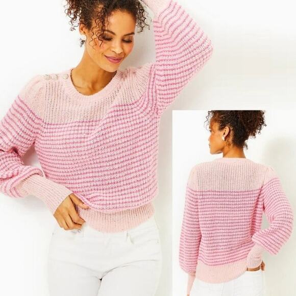 Lilly Pulitzer Finney Sweater Womens M Peony Pink Sparkle Stripe Festive Preppy - Picture 9 of 12